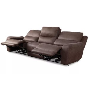 A brown 3-piece modular sofa with plush cushioning features two recliner seats on each end, extending footrests, and wide armrests.
