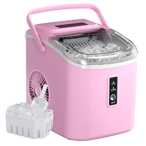 A pink portable ice maker with a handle and transparent lid, featuring a control panel with indicators for \“Ice Full,\“ \“Add Water,\“ and an on/off button. It includes an ice scoop and a basket filled with ice cubes.