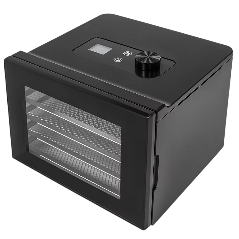 Black food dehydrator with three mesh trays, digital display, and control knob on top.