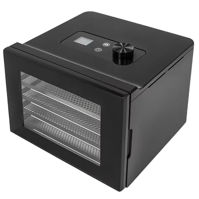 Black food dehydrator with three mesh trays, digital display, and control knob on top.