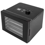 Black food dehydrator with three mesh trays, digital display, and control knob on top.