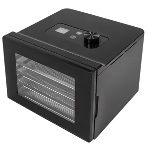 Black food dehydrator with three mesh trays, digital display, and control knob on top.