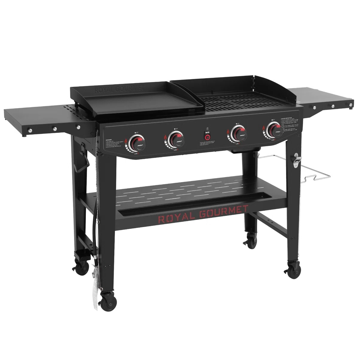 A Royal Gourmet gas grill featuring four burners, a griddle on the left, a grill rack on the right, folding side shelves, and caster wheels for mobility.
