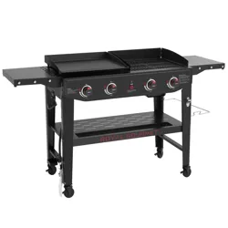 A Royal Gourmet gas grill featuring four burners, a griddle on the left, a grill rack on the right, folding side shelves, and caster wheels for mobility.