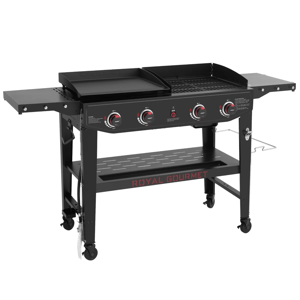 A Royal Gourmet gas grill featuring four burners, a griddle on the left, a grill rack on the right, folding side shelves, and caster wheels for mobility.