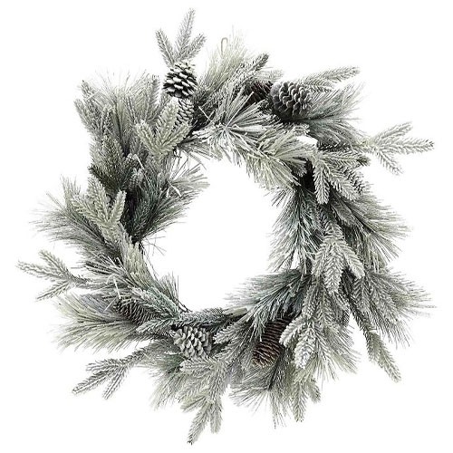 A frosted Christmas wreath featuring pine branches and cones, creating a winter-themed decoration.