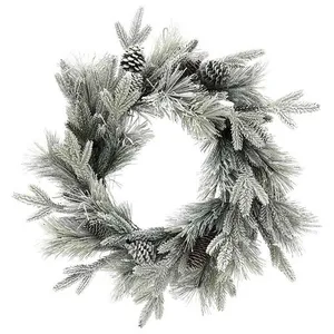 A frosted Christmas wreath featuring pine branches and cones, creating a winter-themed decoration.