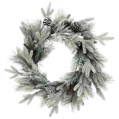 A frosted Christmas wreath featuring pine branches and cones, creating a winter-themed decoration.