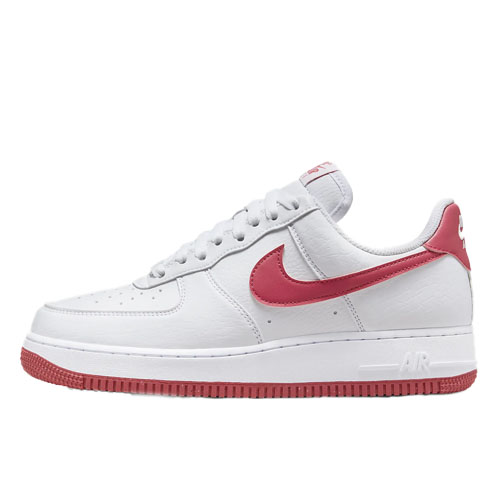 White and red Nike Air Force 1 sneaker with a red outsole.