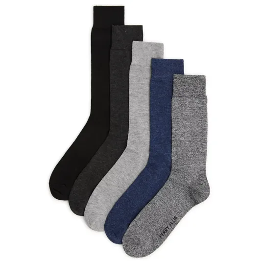 Set of five pairs of socks in solid colors: black, dark gray, light gray, blue, and heather gray.