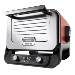 Cordless outdoor Ninja Woodfire grill and smoker, featuring a temperature display and control knobs, with a mail-in savings option shown.
