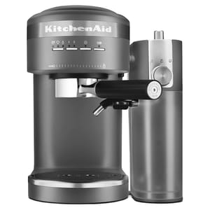 The KitchenAid Espresso machine is a gray espresso maker with a sleek design, featuring intuitive controls for single or double shots, a steam wand for milk frothing, and a compact form factor.