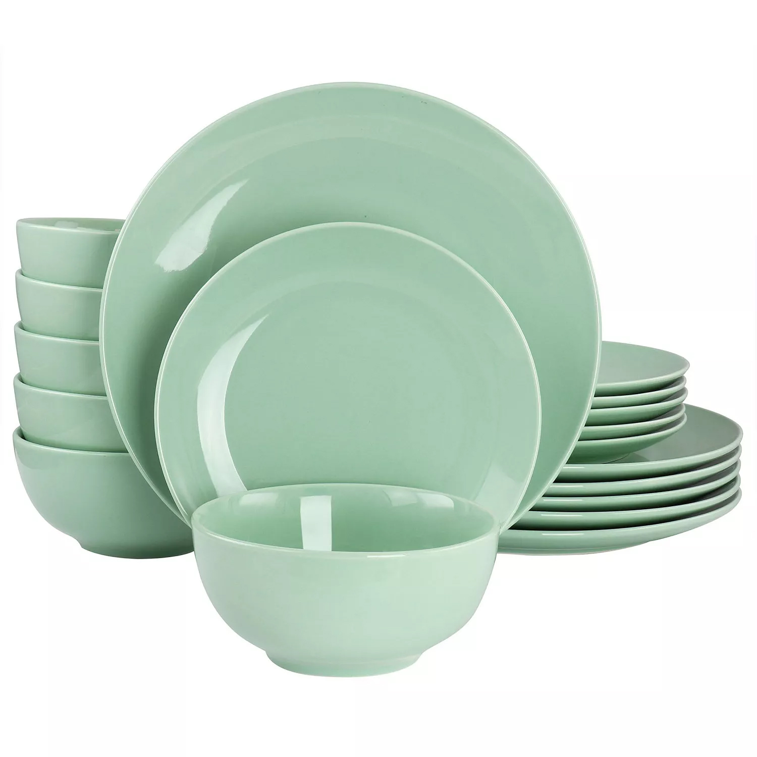 A mint green 16-piece dinnerware set includes plates and bowls with a smooth, glossy finish, ideal for serving a family of four.