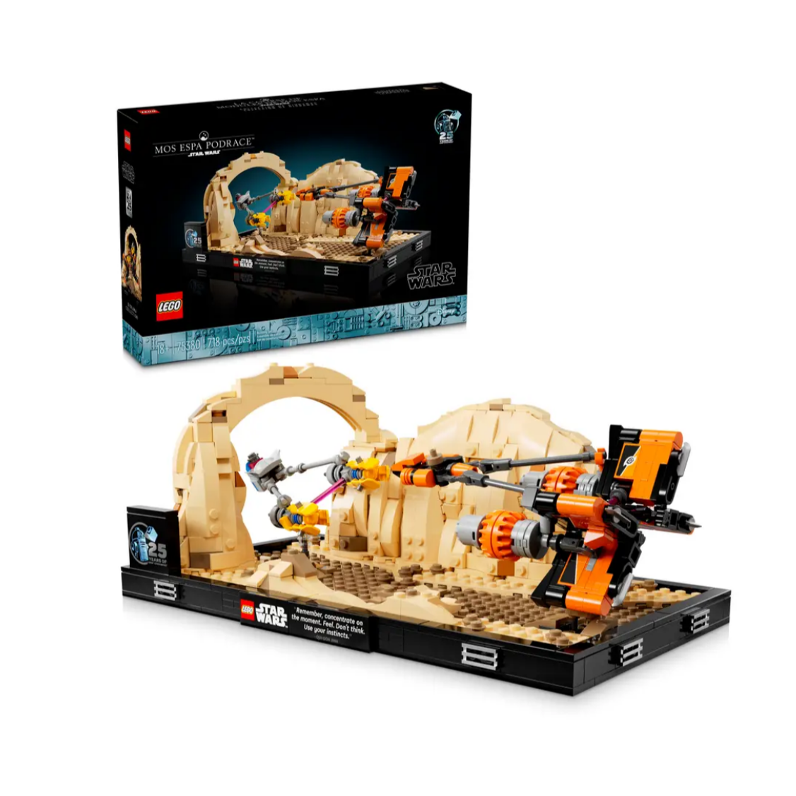 LEGO Star Wars Mos Espa Podrace set depicting a scene from the movie with pod racers and a desert landscape, celebrating 25 years of LEGO Star Wars.