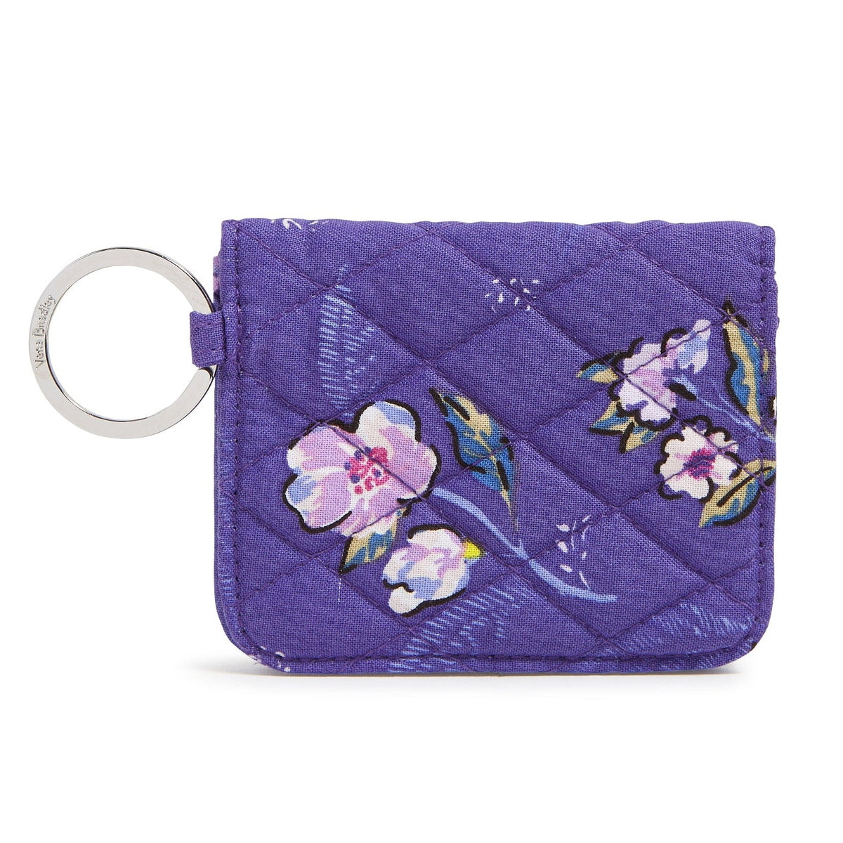 Quilted purple wallet with floral pattern, featuring a keyring on the side. It has a compact design for easy carrying.