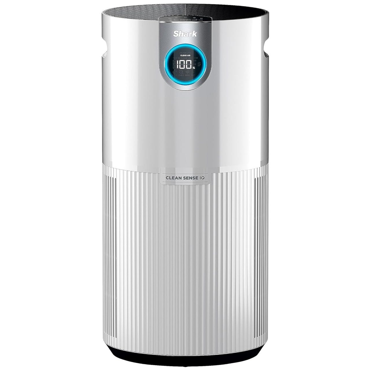 Shark air purifier with Clean Sense IQ technology, featuring a digital display on the front.