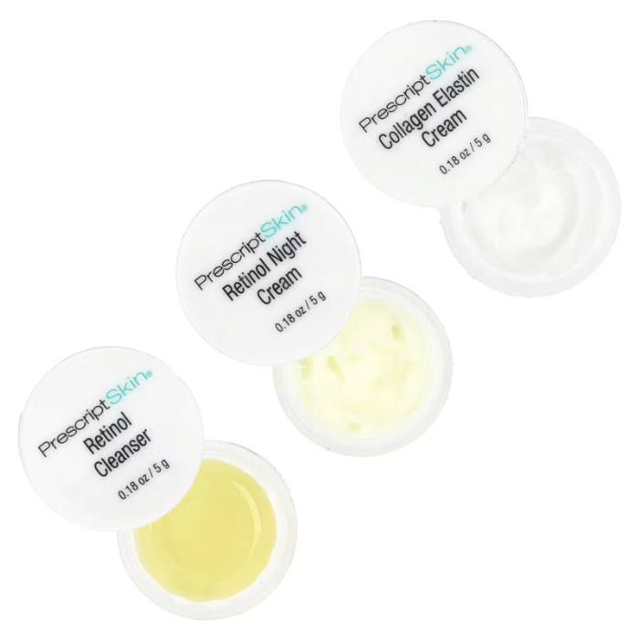 PrescriptSkin skincare samples: Retinol Cleanser, Retinol Night Cream, and Collagen Elastin Cream, each in 0.18 oz (5 g) containers.