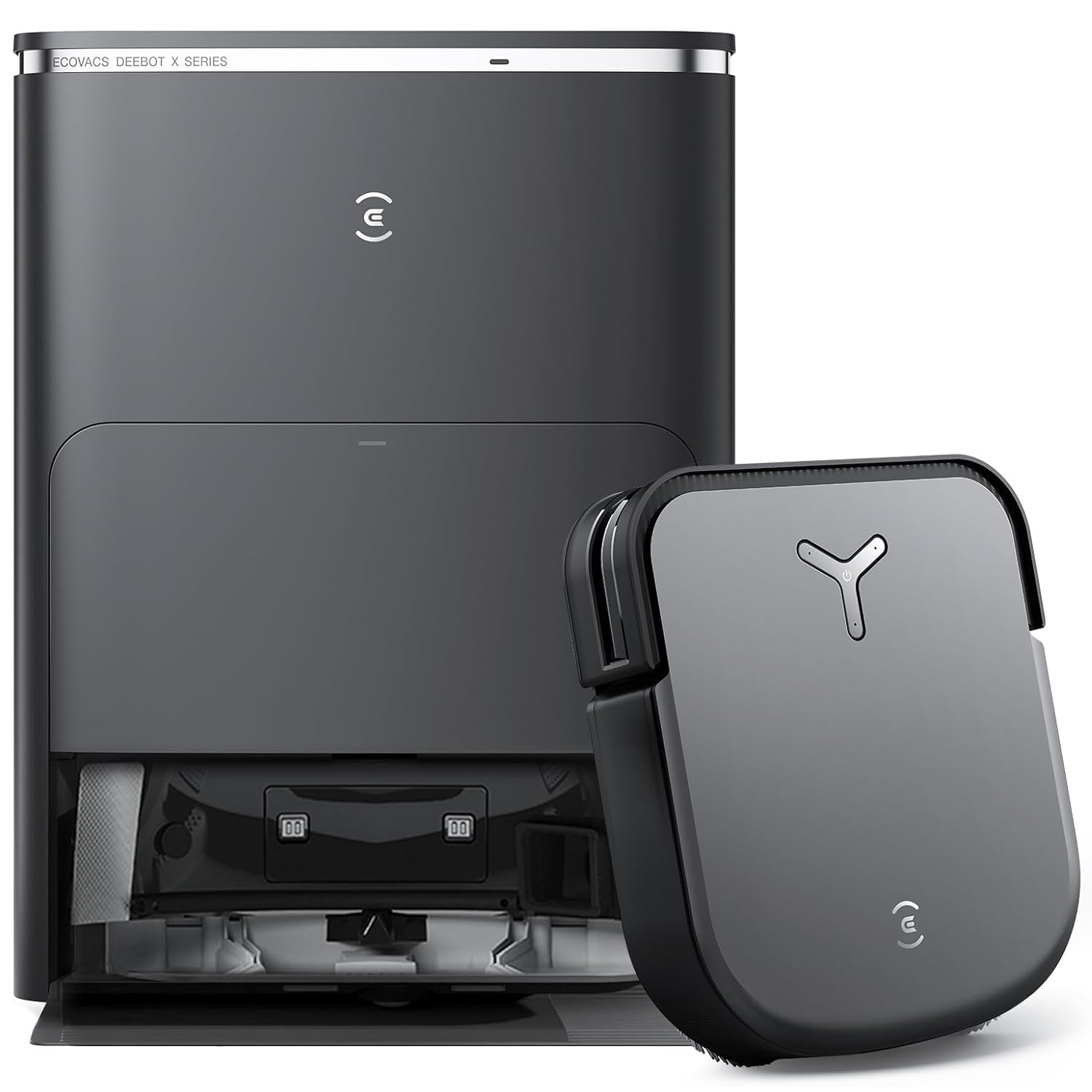 Ecovacs Deebot X series robot vacuum and mop with its charging and auto-empty station, featuring a sleek, minimalist design in dark grey.