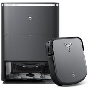 Ecovacs Deebot X series robot vacuum and mop with its charging and auto-empty station, featuring a sleek, minimalist design in dark grey.