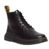 Black lace-up boot with a yellow AirWair heel loop and yellow stitching on the sole, featuring a chunky treaded platform.