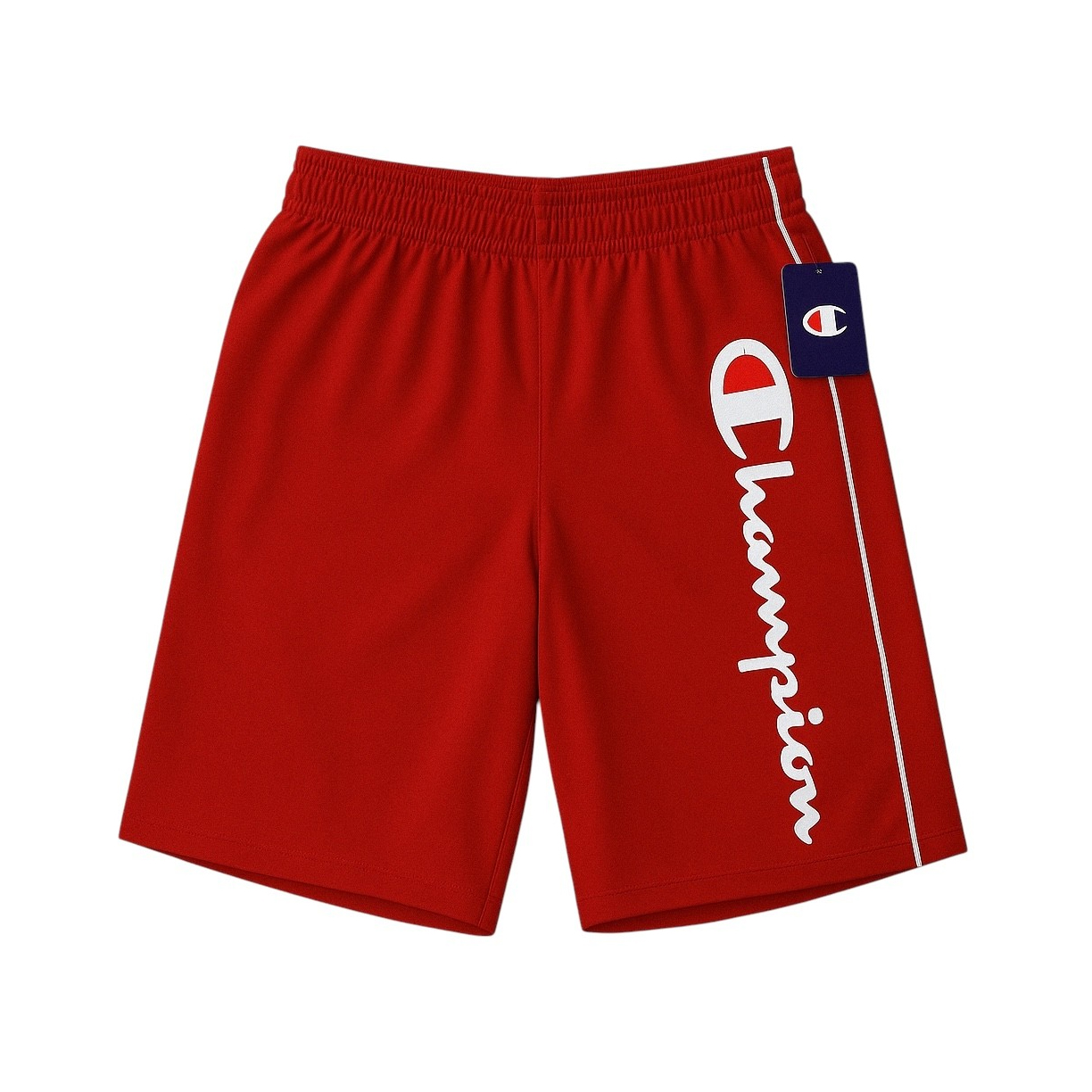Red shorts with an elastic waistband featuring the \“Champion\“ logo in white along the side; includes a small tag with the brand’s emblem.