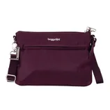 A purple Baggallini crossbody bag with a zippered main compartment, adjustable strap, and silver-tone hardware.