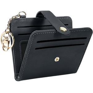 A black leather cardholder with multiple card slots, a snap closure, and a gold keychain attachment.
