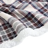 A cozy blanket featuring a classic plaid pattern with brown, blue, and white tones, lined with soft white sherpa for added warmth and comfort.