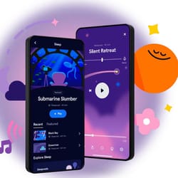 A mobile app interface is shown, featuring a sleep section with options like \“Submarine Slumber\“ and \“Silent Retreat,\“ designed to aid relaxation and sleep. The background includes sleep-themed graphics and calming icons.