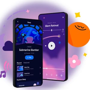 A mobile app interface is shown, featuring a sleep section with options like \“Submarine Slumber\“ and \“Silent Retreat,\“ designed to aid relaxation and sleep. The background includes sleep-themed graphics and calming icons.