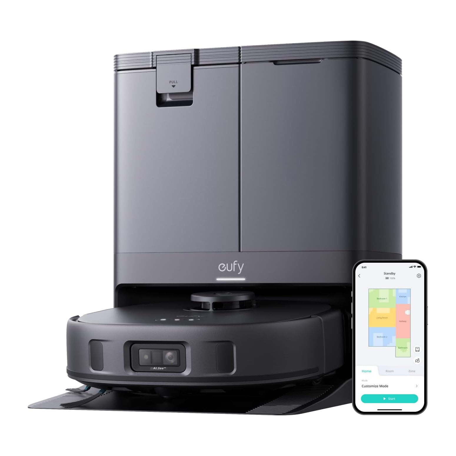 A Eufy robot vacuum and mop system with a charging base and an accompanying smartphone displaying a customizable cleaning map.