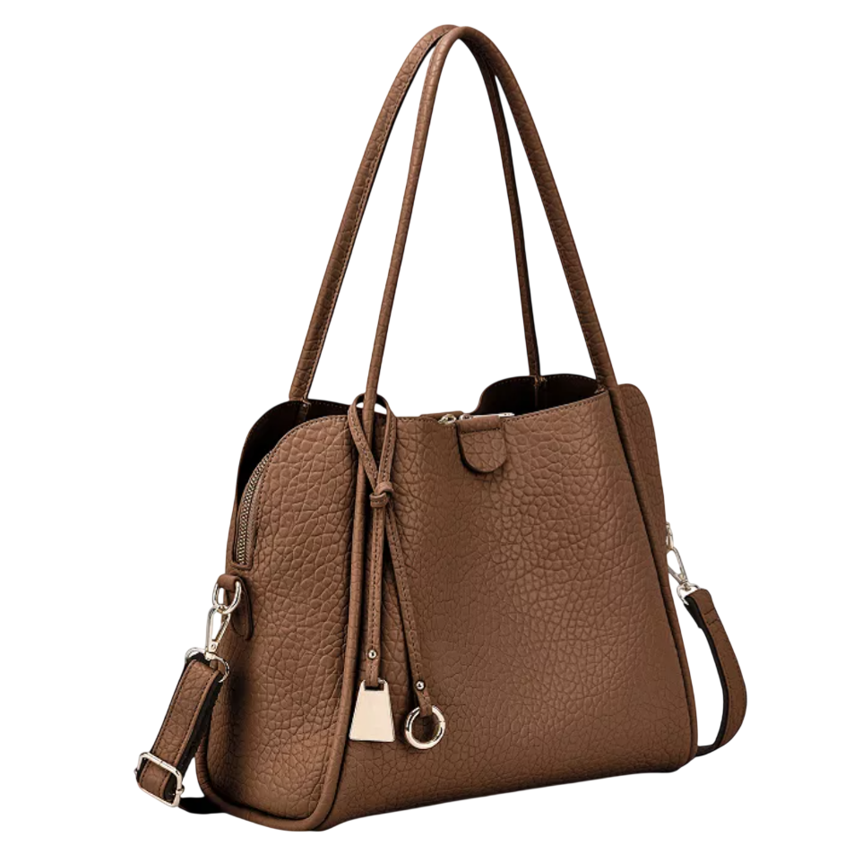 Brown textured handbag with dual handles and a detachable shoulder strap, featuring a zipper closure and decorative tassel accents.