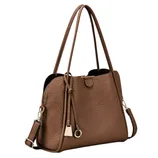 Brown textured handbag with dual handles and a detachable shoulder strap, featuring a zipper closure and decorative tassel accents.