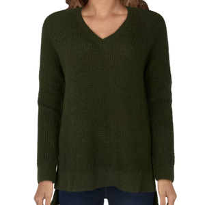 A dark green, V-neck, long-sleeve sweater with a relaxed fit, paired with dark jeans.