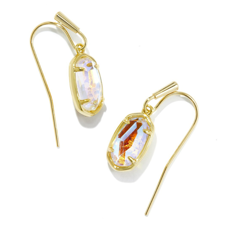 Kendra Scott Grayson 14K Drop Earrings feature an elegant hook design with oval-shaped iridescent stones set in gold-tone metal. The stones reflect multiple colors, adding a shimmering effect.