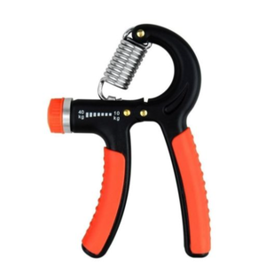 Adjustable hand grip strengthener, black and orange, with a tension range of 10 to 40 kg, featuring a coiled spring on top.