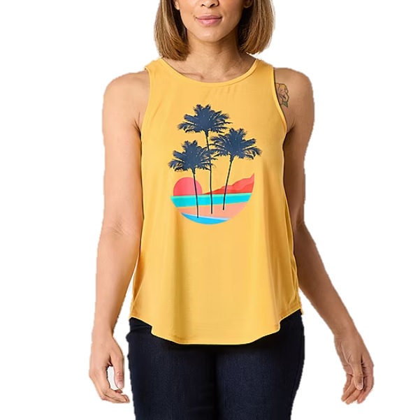 Yellow sleeveless tank top featuring a graphic of palm trees against a stylized sun and ocean in blue, pink, and orange hues.