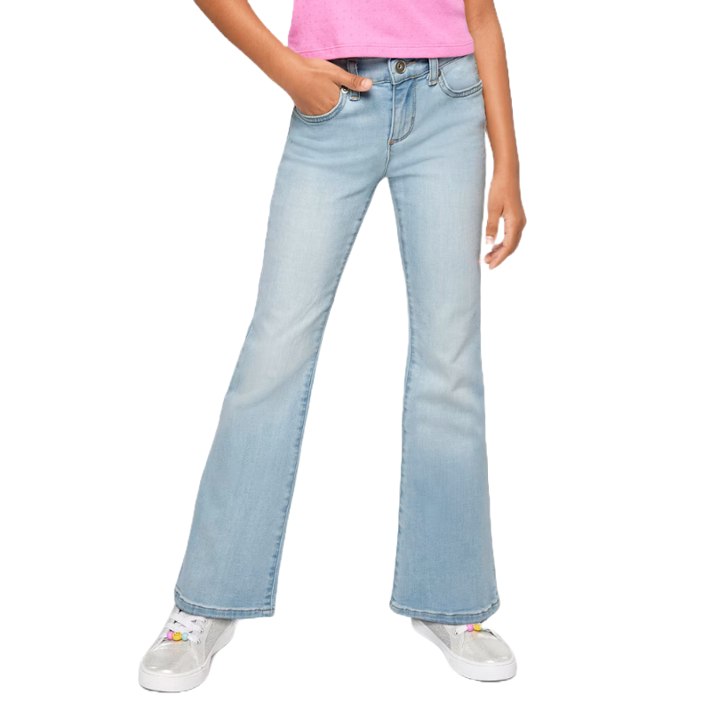 Light blue flared jeans paired with white sneakers decorated with colorful designs, worn by a person in a pink top.