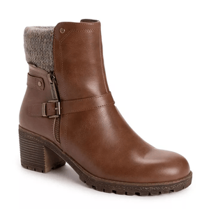 Brown ankle boot with a block heel, knit cuff, side zipper, and strap detail.