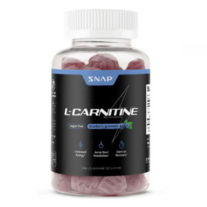 Snap L-Carnitine Blueberry Gummies, sugar-free, offer increased energy, metabolism boost, and exercise recovery support. Contains 60 gummies.