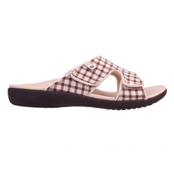 A checkered patterned sandal with two adjustable straps and an open-toe design, featuring a cushioned footbed and a dark sole.
