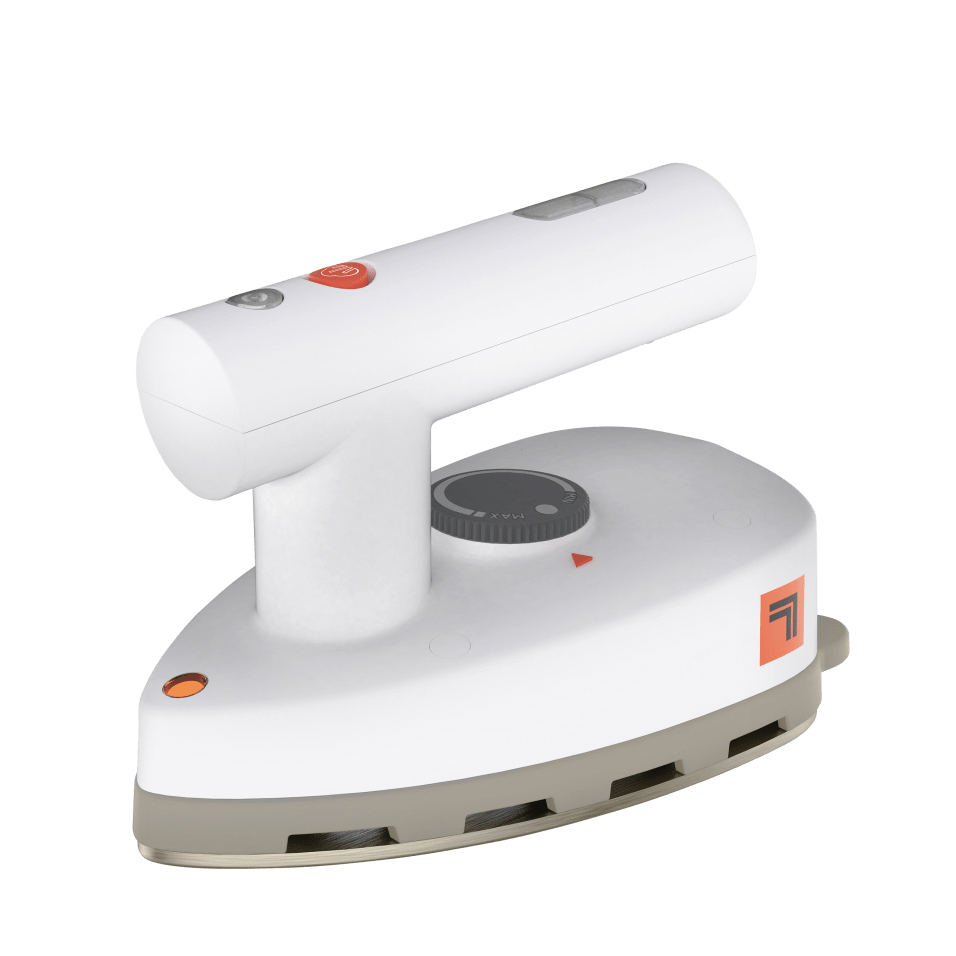 This is a white automatic staple-free stapler with orange and grey accents and a dial to adjust paper capacity.