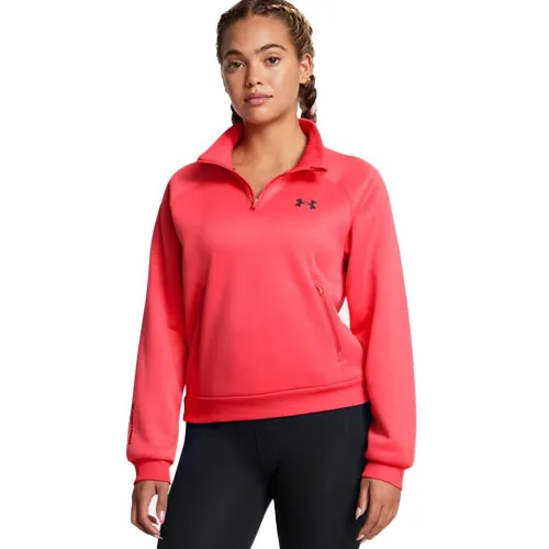UA Armour Fleece Half-Zip Pullover in vibrant pink features a high collar and zippered pocket. Designed for comfort and warmth, it has a relaxed fit and ribbed cuffs, ideal for casual wear or workouts. Made by Under Armour, it showcases their logo on the chest.