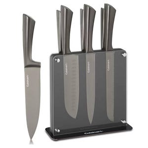 Cuisinart knife set includes five stainless steel knives with a sleek grey finish, featuring various blade types, held in a transparent stand.
