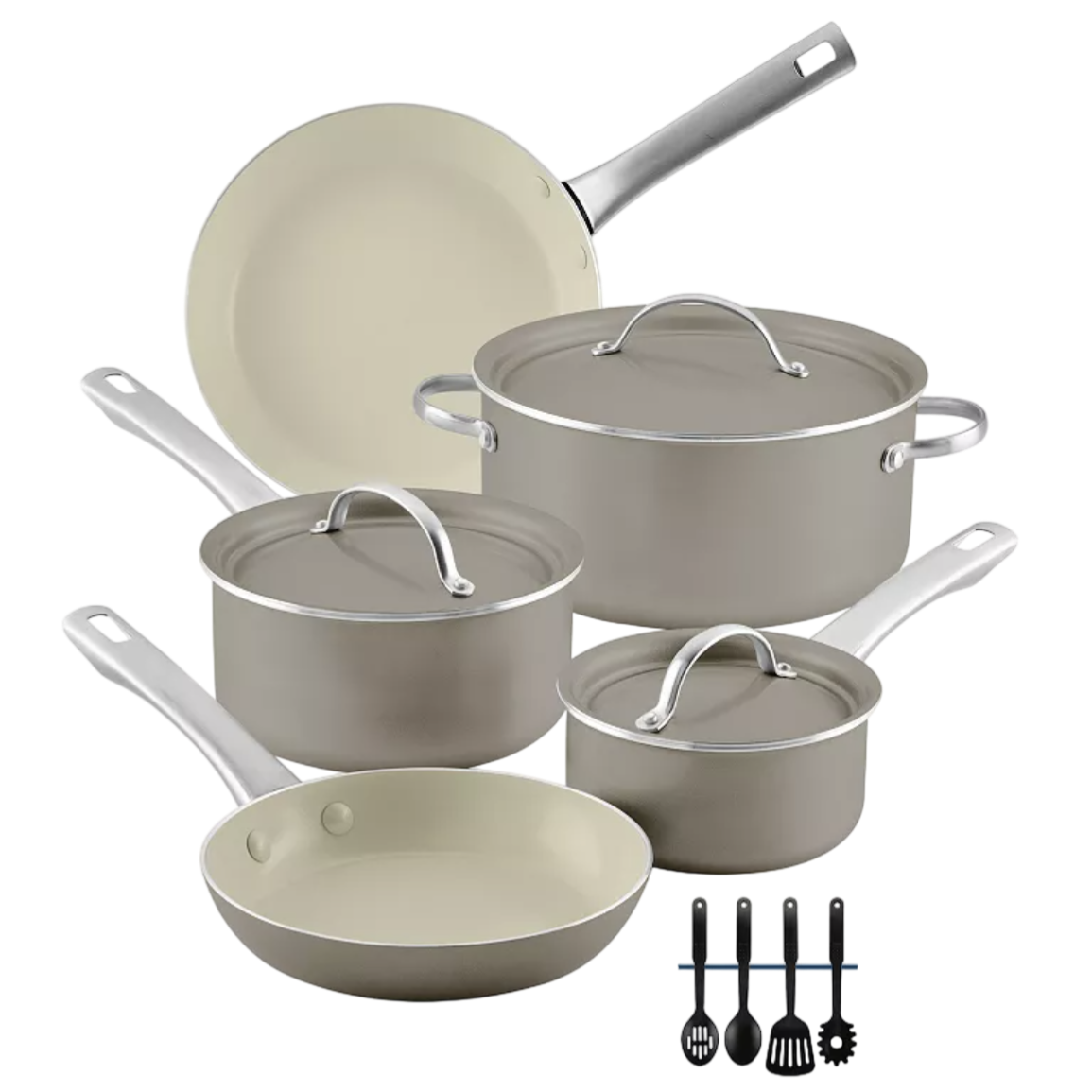 Cookware set with two frying pans, three saucepans with lids, and various utensils, featuring a beige non-stick interior and stainless steel handles.