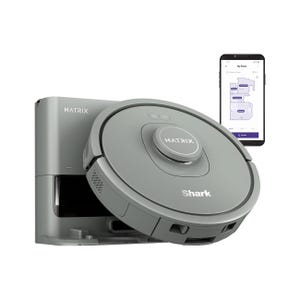 Shark Matrix robot vacuum cleaner with docking station and a smartphone displaying its control app interface.