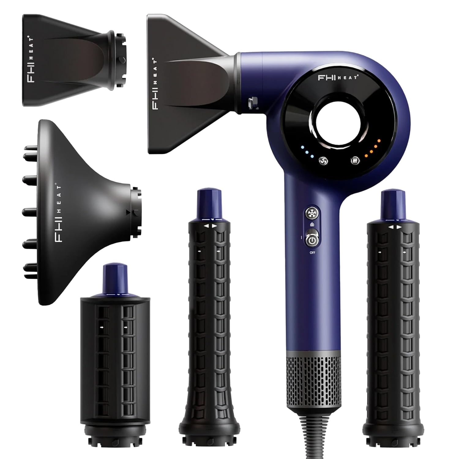 The FHI Heat VersaSphere Pro Air Hair Dryer appears in a sleek blue design with various attachments, including concentrators, a diffuser, and drying barrels, offering versatile styling options.