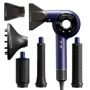 The FHI Heat VersaSphere Pro Air Hair Dryer appears in a sleek blue design with various attachments, including concentrators, a diffuser, and drying barrels, offering versatile styling options.