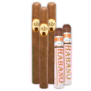 Five cigars are shown, three with \“Oliva\“ branding and two labeled \“Olé Habano\“, wrapped in white and orange packaging.