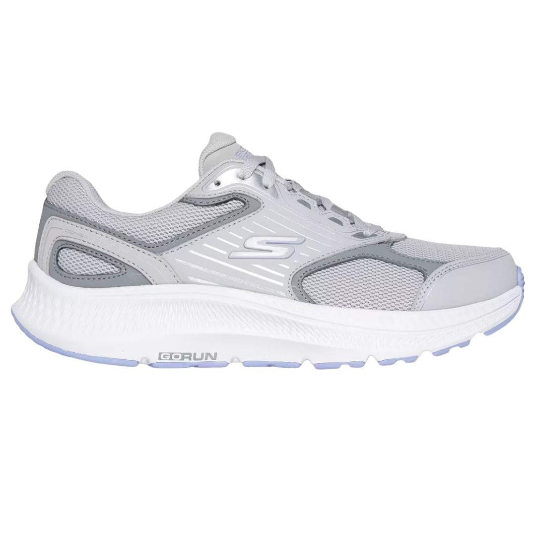 A gray athletic shoe featuring mesh fabric for breathability, a cushioned white midsole, and the \“GORUN\“ branding.